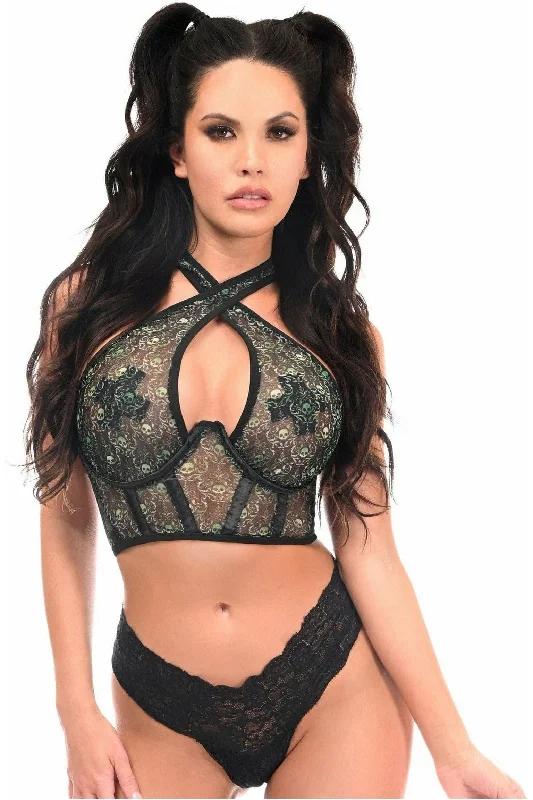 zip front women bustiers and corsets designLavish Green Skulls Print Mesh Underwire Cincher w/Built In Halter Top
