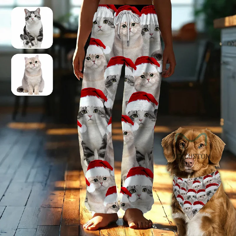long sleeve women's nightgowns for cold nightsCustom Face Cat Christmas Red Hat Pajama Pants and Pet Dog Bandana long sleeve women's nightgowns for cold nightsCustom Face Cat Christmas Red Hat Pajama Pants and Pet Dog Bandana