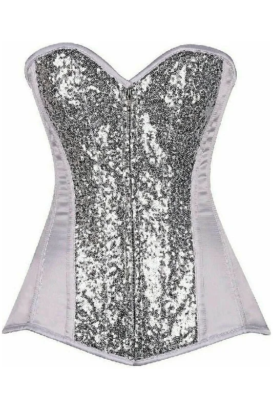 Top Drawer White/Silver Sequin Steel Boned Corset