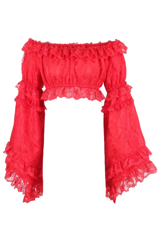 burlesque women bustiers and corsetsRed Lace Smocked Flare Sleeve Peasant Top
