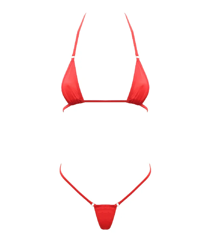 Spandex Micro Triangle Bikini Top and Matching G String 2 Piece Set Red One Size