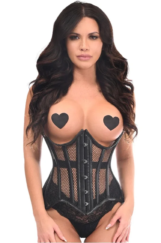 custom fit women bustiers and corsetsTop Drawer Black Fishnet & Faux Leather Steel Boned Underwire Curvy Cut Waist Cincher Corset