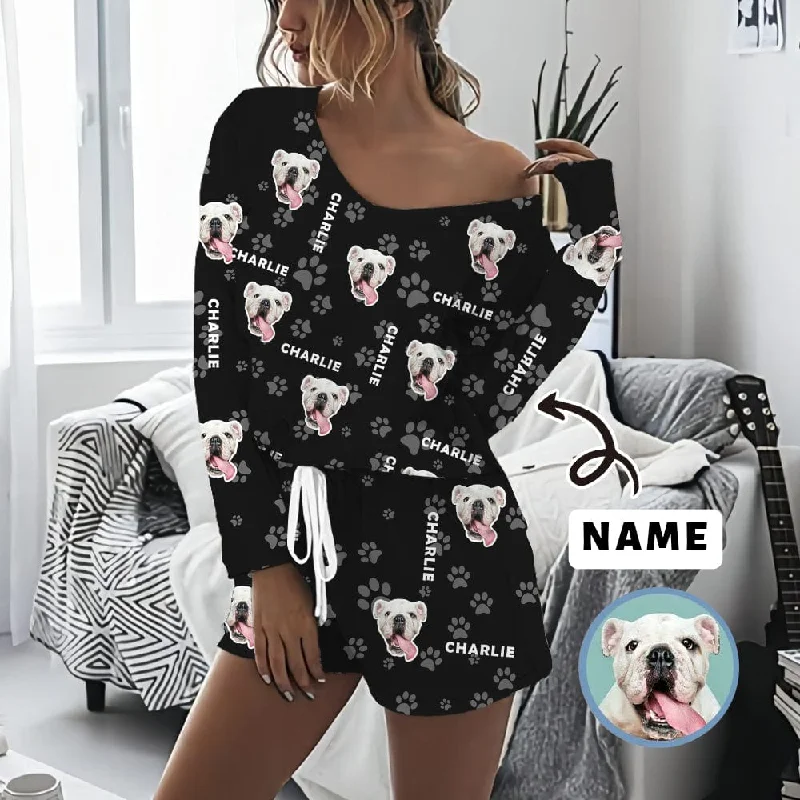 women's sleepshirts for a cozy night by the fireplaceCustom Pet and Name Women's Long Sleeve One Side Off Shoulder Short Pajama Set women's sleepshirts for a cozy night by the fireplaceCustom Pet and Name Women's Long Sleeve One Side Off Shoulder Short Pajama Set