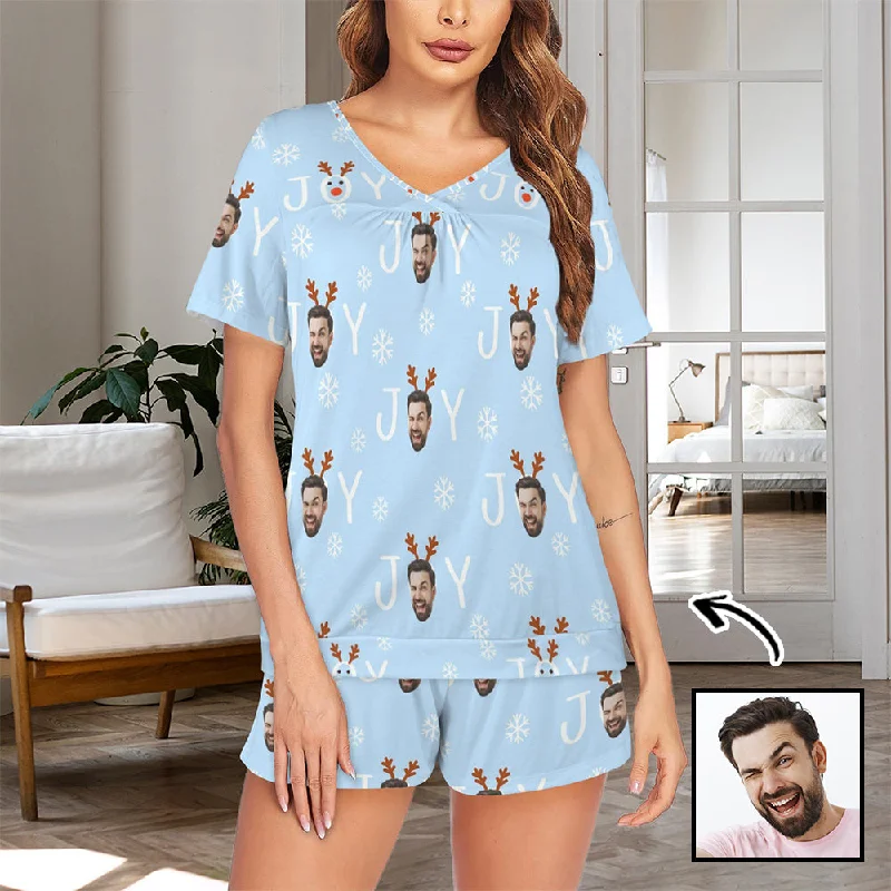 women's sleepshirts with a modern minimalist styleCustom Face Short Blue Pajama Sets Christmas Women's V-Neck Loungewear Sleepwear women's sleepshirts with a modern minimalist styleCustom Face Short Blue Pajama Sets Christmas Women's V-Neck Loungewear Sleepwear