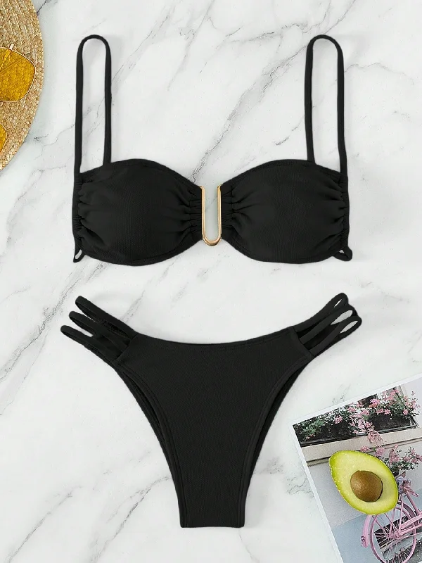 Swim Summer Beach Solid Color Bikini Set With Metal U-Shaped Buckle Decoration And Hollow Out Details Carnival