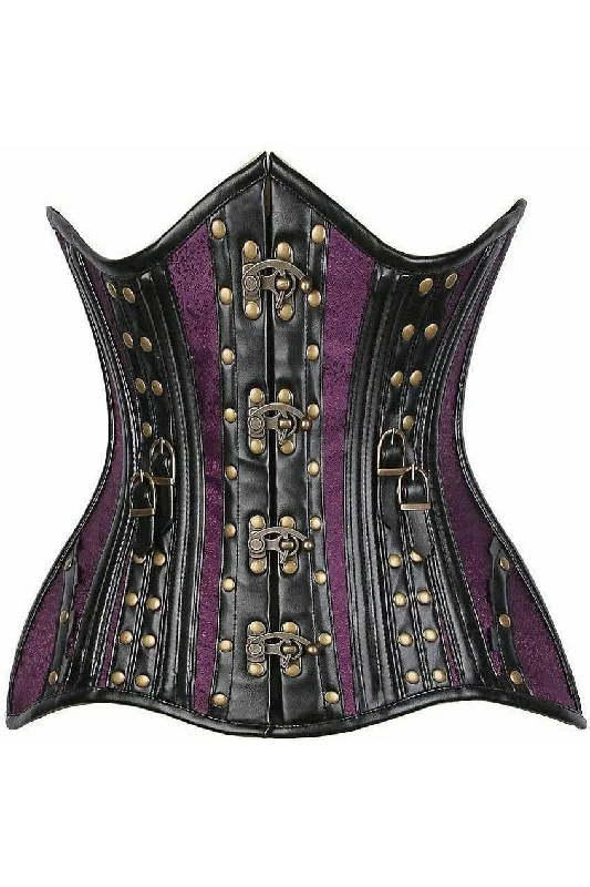 clubbing women bustiers and corsetsTop Drawer Faux Leather & Plum Brocade Steel Boned Under Bust Corset