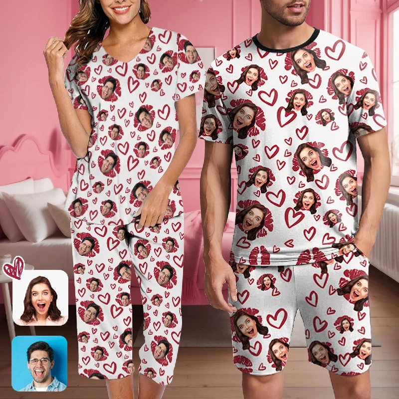 women's sleepshirts with a satin - trimmed necklineCustom Face Love Red Lips Couple Matching Loungewear Set Short Sleeve Shirt and Capri Pants Sleepwear Pajama Set For Valentine's Day women's sleepshirts with a satin - trimmed necklineCustom Face Love Red Lips Couple Matching Loungewear Set Short Sleeve Shirt and Capri Pants Sleepwear Pajama Set For Valentine's Day