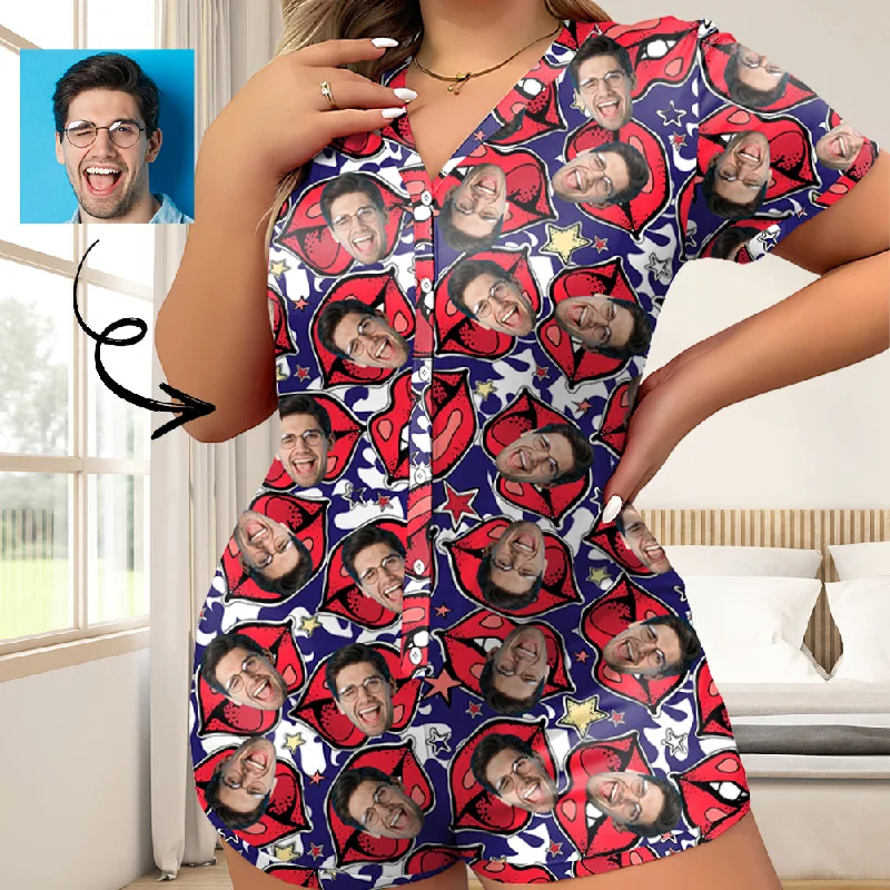 women's sleepshirts for a fashionable loungewear choiceWomen's Short Sleeve Onesies Pajamas Custom Face Red Lips V-Neck Button Jumpsuit women's sleepshirts for a fashionable loungewear choiceWomen's Short Sleeve Onesies Pajamas Custom Face Red Lips V-Neck Button Jumpsuit