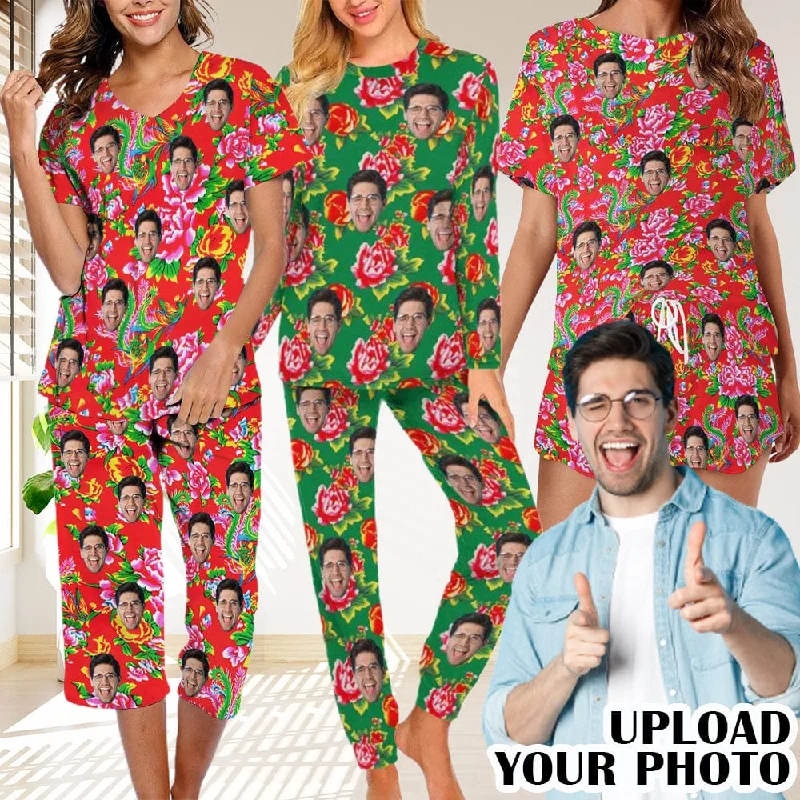 women's sleepshirts with a contrasting collarCustom Face Loungewear Personalized Fashionable Flower Elements Pajamas women's sleepshirts with a contrasting collarCustom Face Loungewear Personalized Fashionable Flower Elements Pajamas