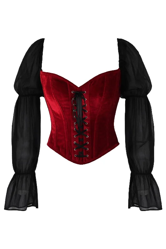 Victorian style women bustiers and corsetsTop Drawer Dark Red Velvet Steel Boned Corset w/Sleeves
