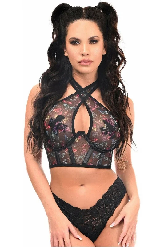 affordable women bustiers and corsetsLavish Neon Butterfly Mesh Underwire Cincher w/Built In Halter Top