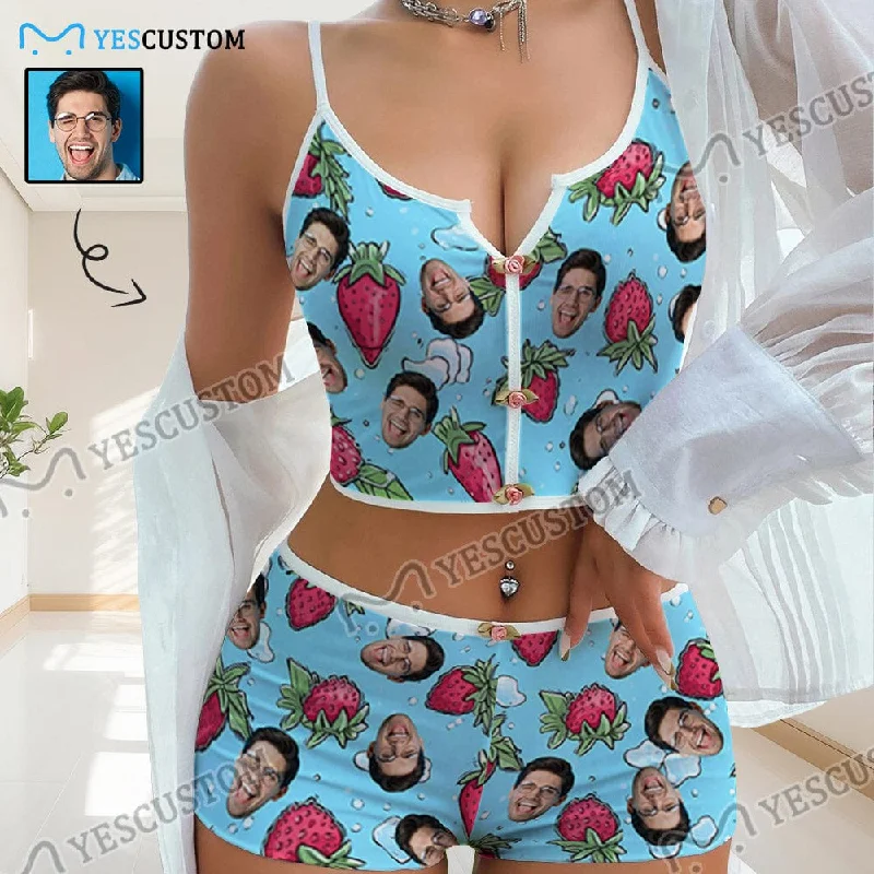 women's satin sleepshirts with lace trimPhoto Custom Husband Face Strawberry Print Blue Background Sleepwear Appliques Notched Neckline Lingerie Set Pajamas Bachelorette party women's satin sleepshirts with lace trimPhoto Custom Husband Face Strawberry Print Blue Background Sleepwear Appliques Notched Neckline Lingerie Set Pajamas Bachelorette party