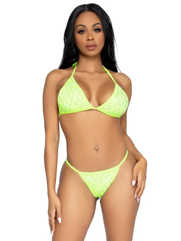 Rhinestone Scrunch Back Bikini Set Green