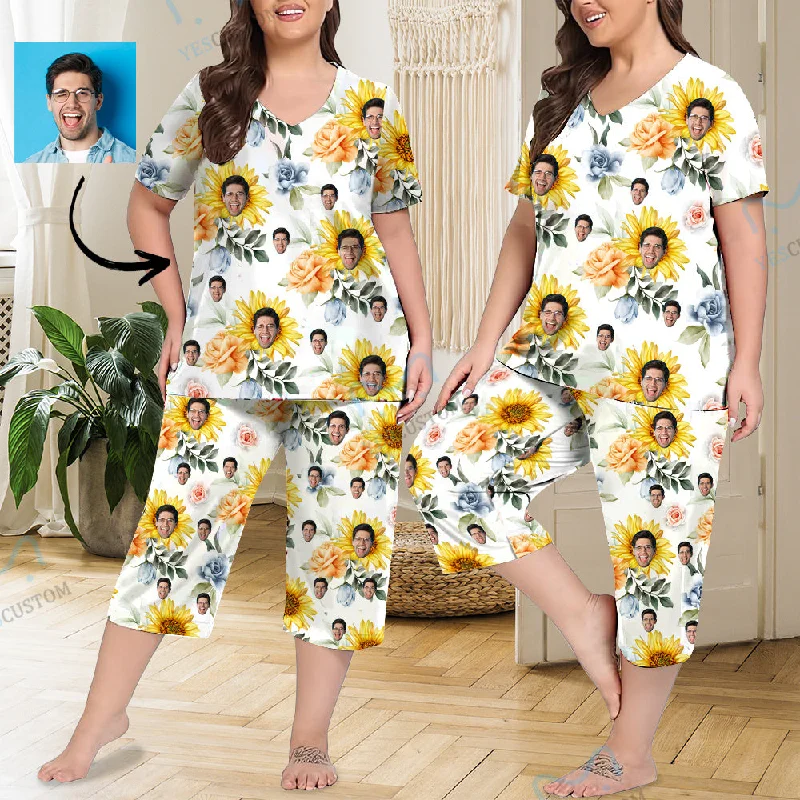 women's sleepshirts with a dropped shoulder designCustom Face Yellow Flowers Women's Loungewear Set Short Sleeve Shirt and Capri Pants Sleepwear Pajama Set women's sleepshirts with a dropped shoulder designCustom Face Yellow Flowers Women's Loungewear Set Short Sleeve Shirt and Capri Pants Sleepwear Pajama Set