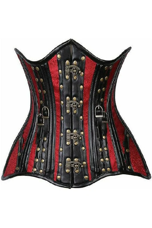 prom women bustiers and corsets dressesTop Drawer Faux Leather & Wine Brocade Steel Boned Under Bust Corset