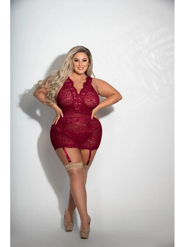 women lounge dress in pastel colors for a soothing aestheticTwo Piece Eyelash and Floral Lace Chemise And G-String Set STM-11282X-Wine-3X/4X