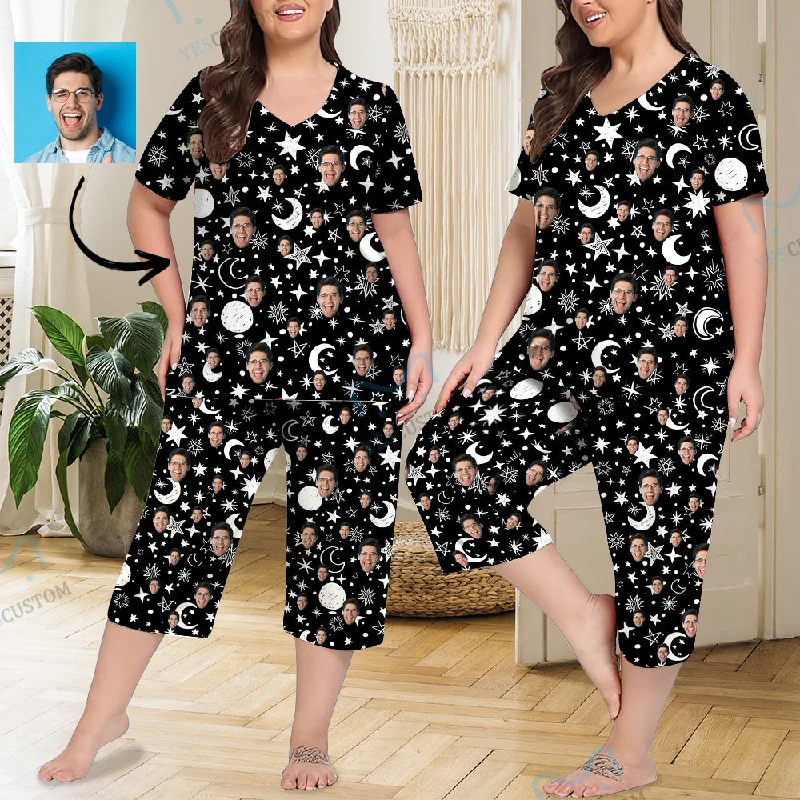 breathable women's nightgowns for hot sleepersCustom Face Black Starry Sky Women's Loungewear Set Short Sleeve Shirt and Capri Pants Sleepwear Pajama Set breathable women's nightgowns for hot sleepersCustom Face Black Starry Sky Women's Loungewear Set Short Sleeve Shirt and Capri Pants Sleepwear Pajama Set