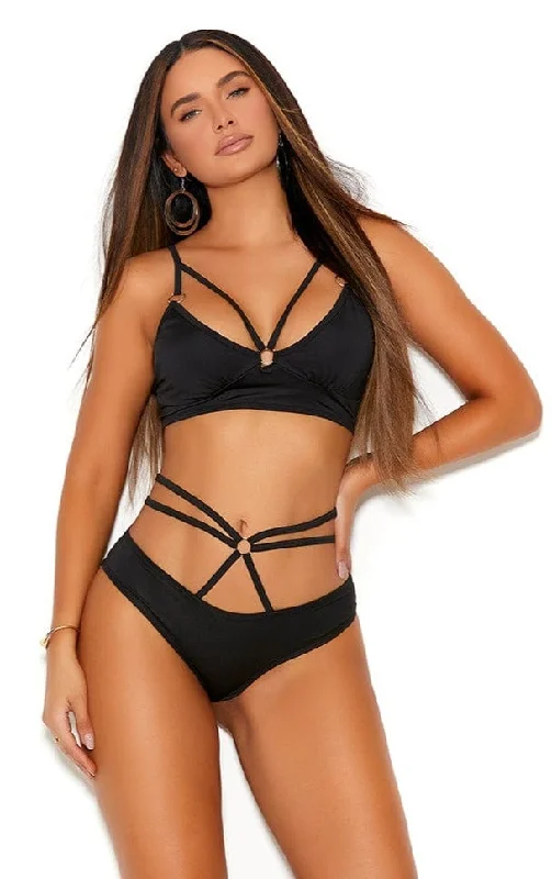 padded women sexy lingerie cupsSexy Essence Black Lycra Strappy Bralette and Booty Shorts
