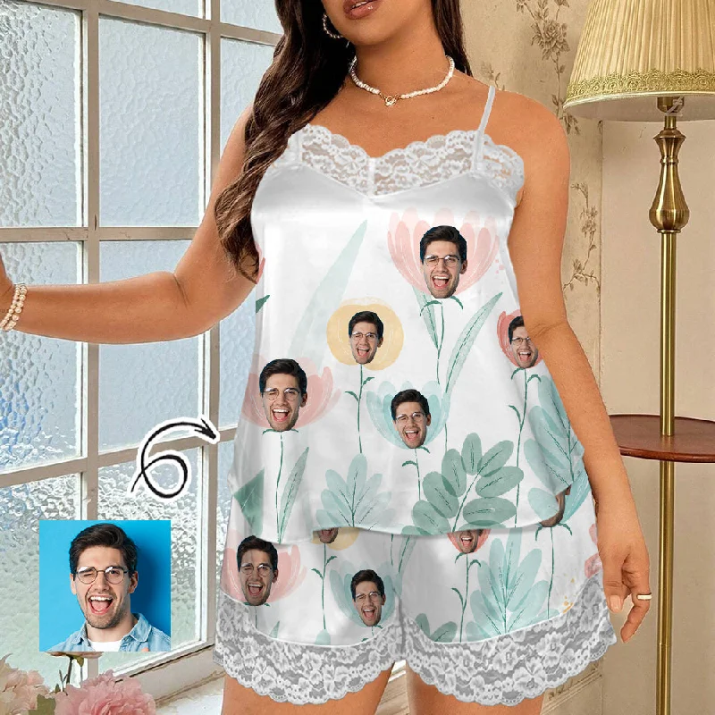 women's sleepshirts with a dropped shoulder designCustom Face Flowers Leave White Lace Cami Pajamas Personalized Women's Nightwear Set women's sleepshirts with a dropped shoulder designCustom Face Flowers Leave White Lace Cami Pajamas Personalized Women's Nightwear Set