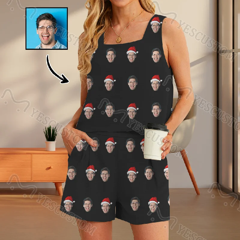 Custom Face Christmas Hat Womens 2 Piece Pajama Set Sleeveless Square Neck Pocket Loungewear