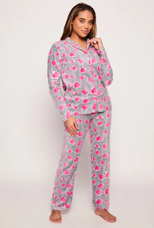 Fleece Heart Print Long Sleeve Pajama Shirt and Pants