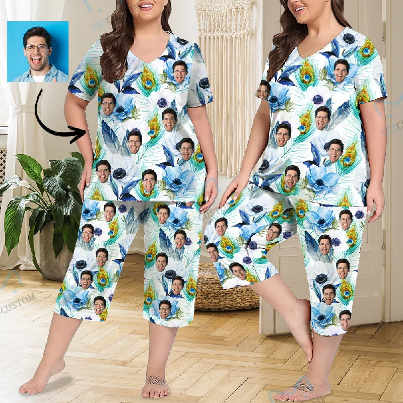 women's nightgowns with a knee - length cutCustom Face Blue White Flowers Women's Loungewear Set Short Sleeve Shirt and Capri Pants Sleepwear Pajama Set women's nightgowns with a knee - length cutCustom Face Blue White Flowers Women's Loungewear Set Short Sleeve Shirt and Capri Pants Sleepwear Pajama Set