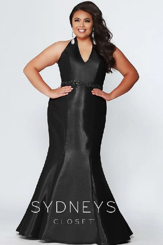 Sydneys Closet Long Satin V-Neck Plus Size Mermaid Prom Dress