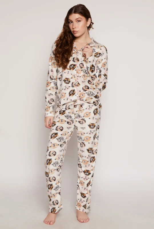 Cat Print Pajama Shirt and Pants Set