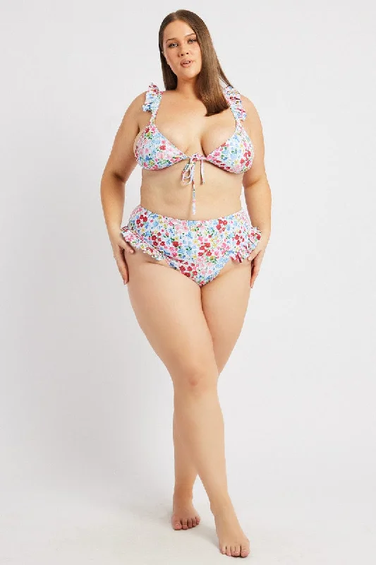 Multi Floral Frilly Bikini Set with Bow Detail