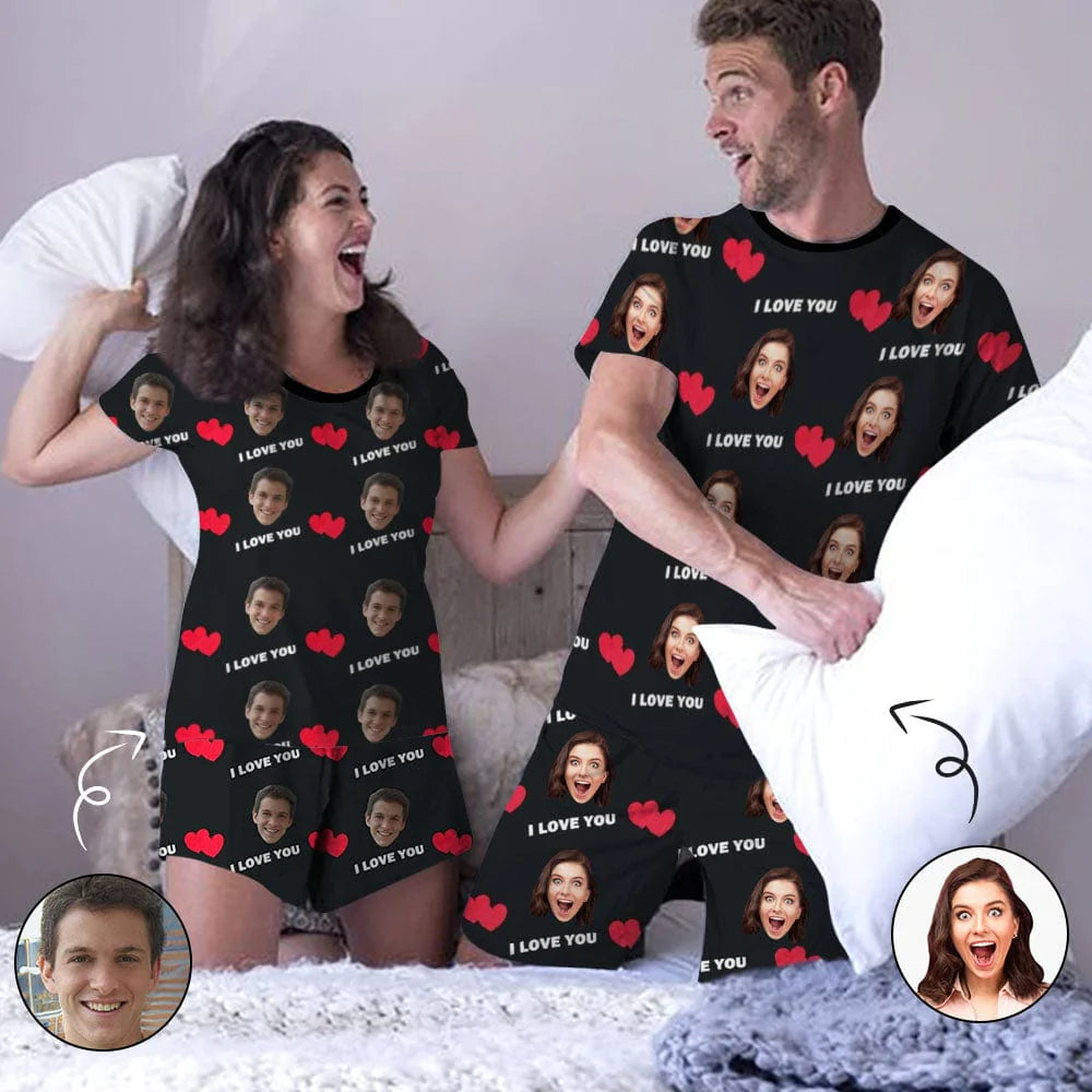 PRICE DROP-Custom Face Couple Pajamas Personalized Heart Black Background Couple Matching Crew Neck Short Pajama Set