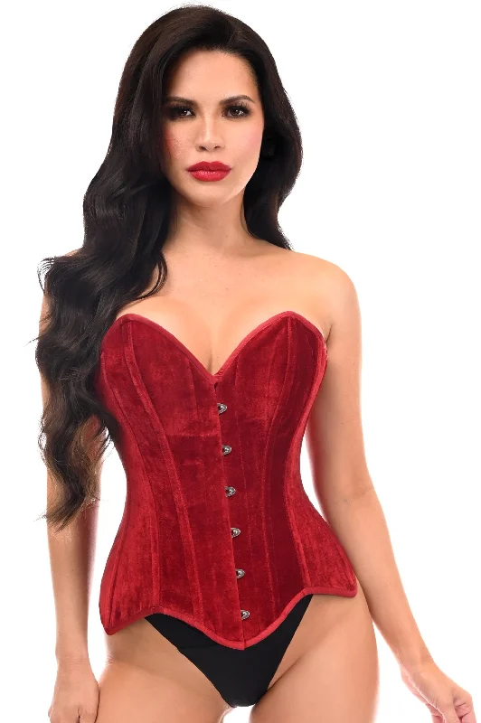 zip front women bustiers and corsets designTop Drawer Dark Red Velvet Steel Boned Overbust Corset