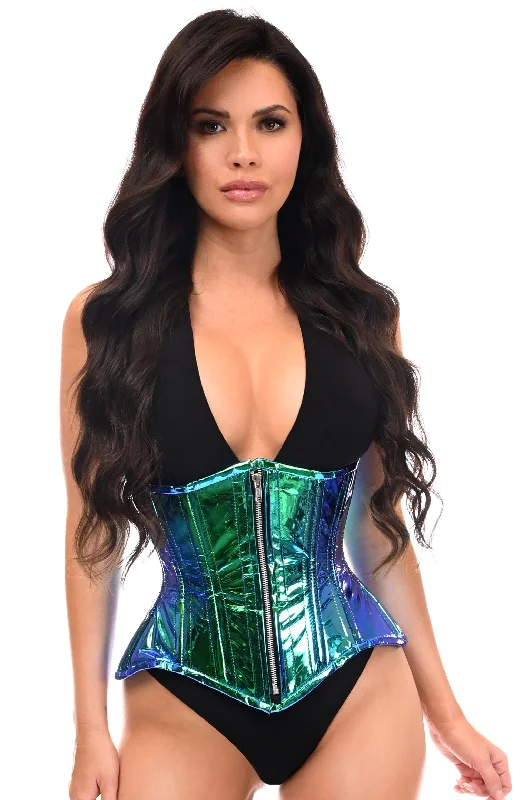 beaded women bustiers and corsetsTop Drawer Blue/Teal Holo Double Steel Boned Underbust Waist Cincher Corset