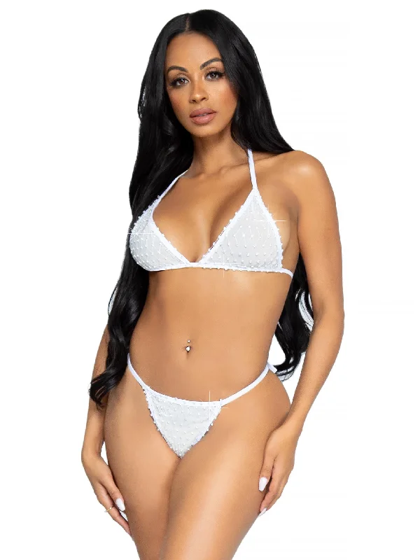 Mesh Rhinestone Bikini with Fishnet Overlay White