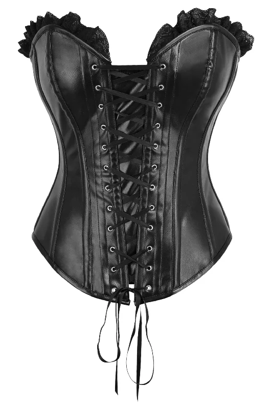 clubbing women bustiers and corsetsTop Drawer Black Faux Leather & Black Lace Trim Lace-Up Steel Boned Corset
