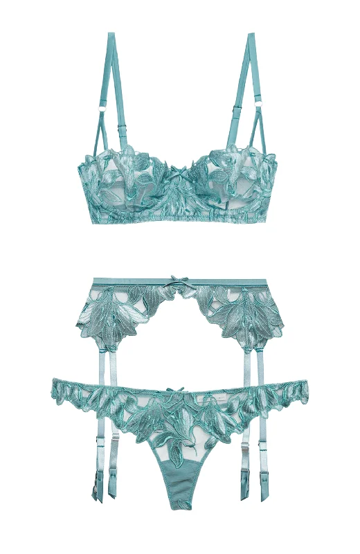 wireless women thongs for a comfortable and wire - free experienceVelvet Lily Embroidery Bra, Suspender and Thong Set