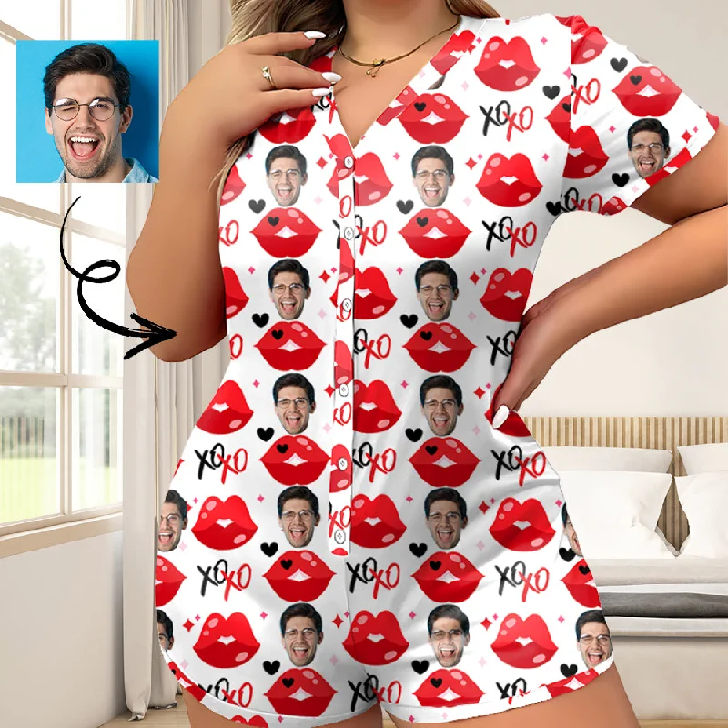 women's sleepshirts with a reversible designWomen's Short Sleeve Onesies Pajamas Custom Face Lips Hearts V-Neck Button Jumpsuit women's sleepshirts with a reversible designWomen's Short Sleeve Onesies Pajamas Custom Face Lips Hearts V-Neck Button Jumpsuit
