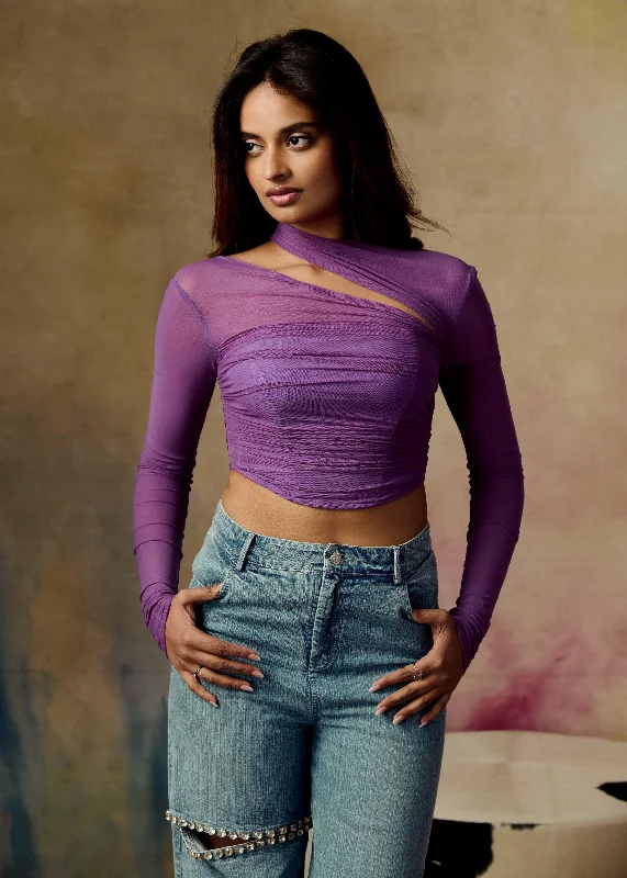 clubbing women bustiers and corsetsArfa Purple Asymmetrical Neckline Ruched Mesh Corset Top