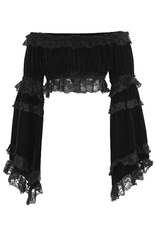 lace detailed women bustiers and corsetsBlack Velvet Smocked Flare Sleeve Peasant Top