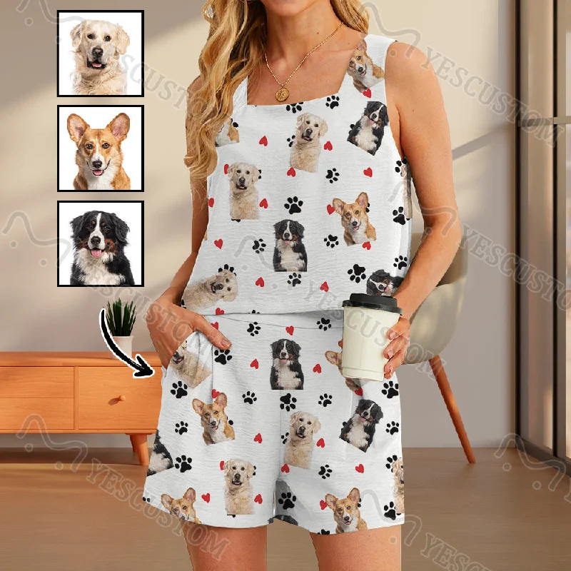 Custom Pet Face Love Heart Womens 2 Piece Pajama Set Sleeveless Square Neck Pocket Loungewear