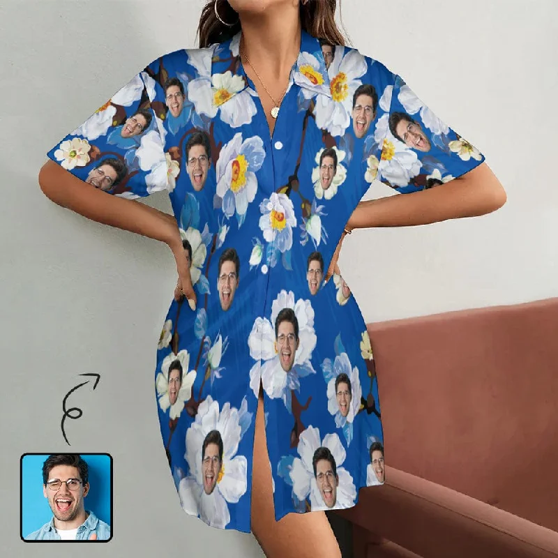 women's sleepshirts with a dropped shoulder designCustom Face Flower Blue Satin Nightgown For Women Silk Nightshirt Button Down Pajamas Dress Boyfriend Sleepshirt S-3XL women's sleepshirts with a dropped shoulder designCustom Face Flower Blue Satin Nightgown For Women Silk Nightshirt Button Down Pajamas Dress Boyfriend Sleepshirt S-3XL