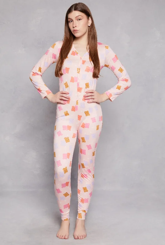 Teddy Print Button Front Pajama Onesie