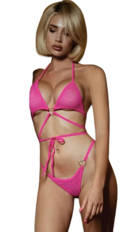 Rhinestone Two Piece Heart Bikini Neon Pink