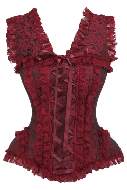 Top Drawer Red/Black Brocade & Lace Steel Boned Corset w/Cap Sleeves