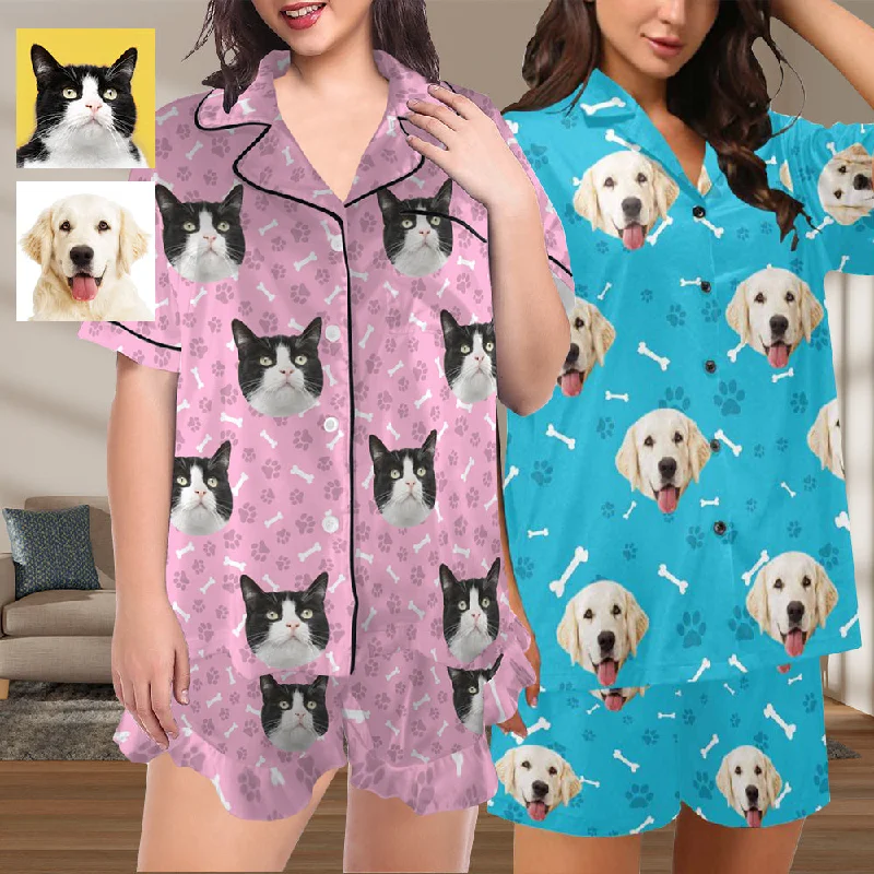 Custom Pet Face Pajamas Dog&Bone Women's V-Neck Short Pajama Set Personalised Sleep or Loungewear For Her