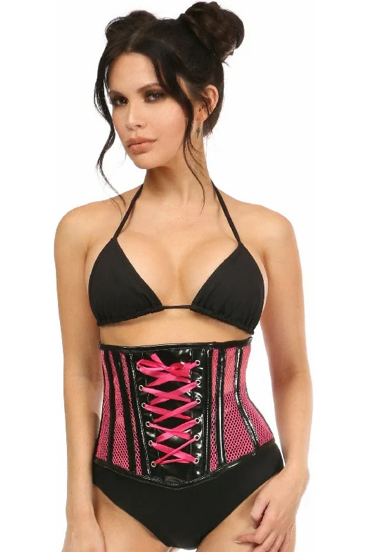 stretchy women bustiers and corsetsTop Drawer Neon Pink Patent & Fishnet Underbust Corset