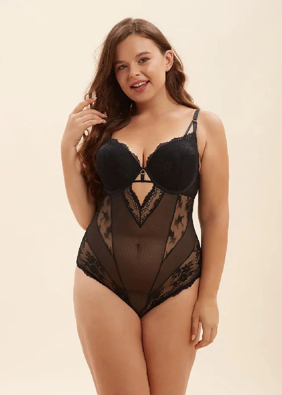 Organic Cotton Bodysuits for an Eco - Friendly and Comfortable OptionWENDIE Plus Sexy Push-Up Black Mesh Recycled Lace Bodysuit