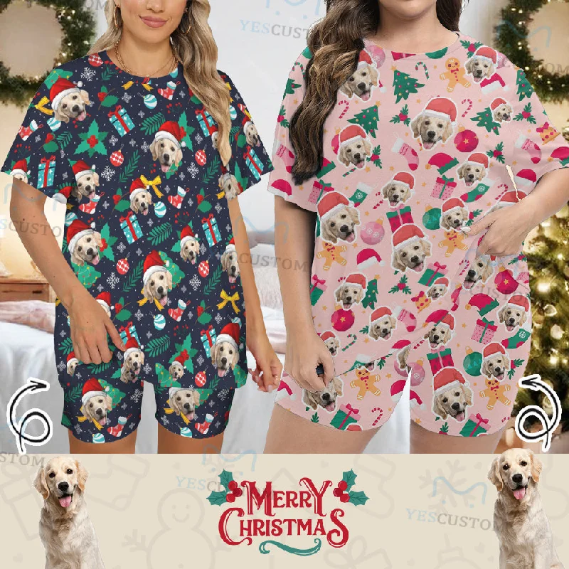 Plus Size Two-Piece Comfy Pajama Set For Women Custom Face Christmas Hat Short Sleeve Crew Neck Casual Loungewear