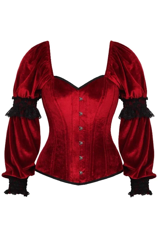 Top Drawer Dark Red Velvet Steel Boned Long Sleeve Corset