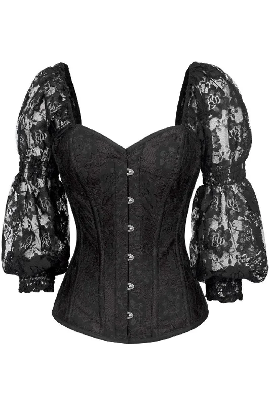 Top Drawer Black w/Black Lace Steel Boned Long Sleeve Corset