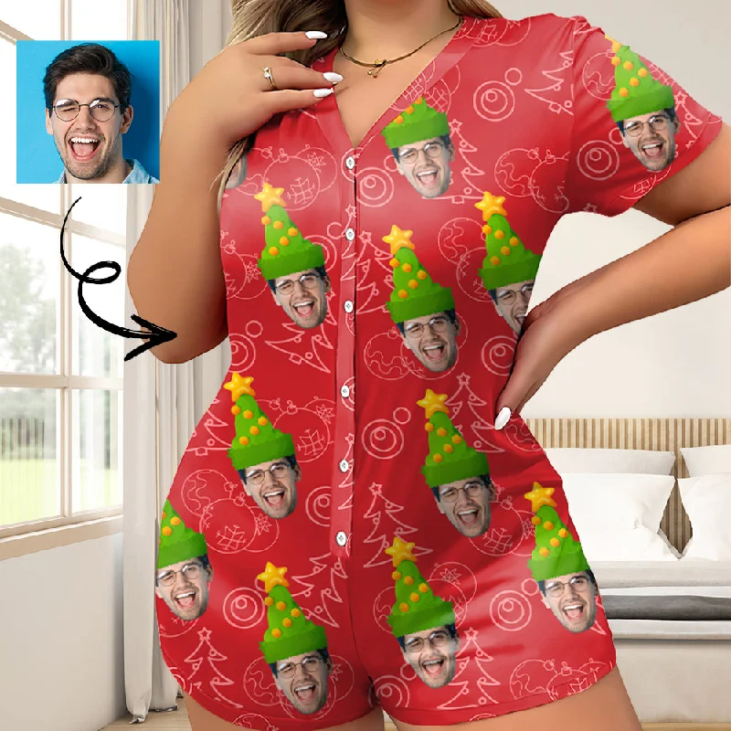 cotton women's sleepshirts for breathable comfortWomen's Short Sleeve Onesies Pajamas Custom Face Christmas Tree V-Neck Button Jumpsuit cotton women's sleepshirts for breathable comfortWomen's Short Sleeve Onesies Pajamas Custom Face Christmas Tree V-Neck Button Jumpsuit
